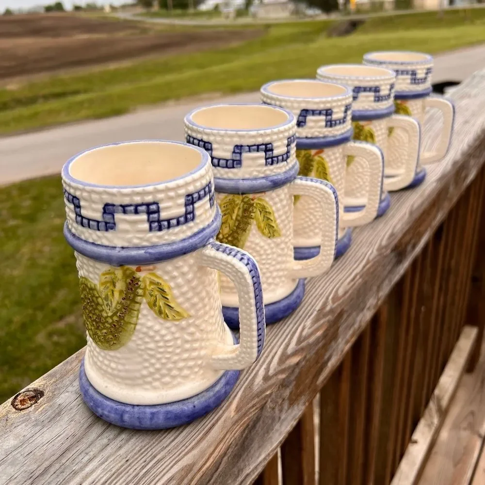 5 White Signed Ceramic Mugs With Fruit Design Made In Mexico With Fruit Design